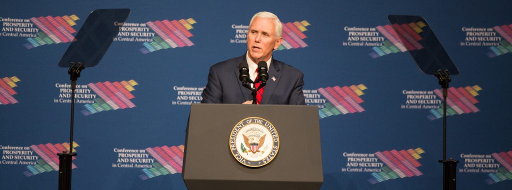 Vice President Mike Pence delivers his keynote address at the Conference on Prosperity and Security in Central America in the GC Ballrooms. Image courtesy of the U.S. Department's of State Flickr.